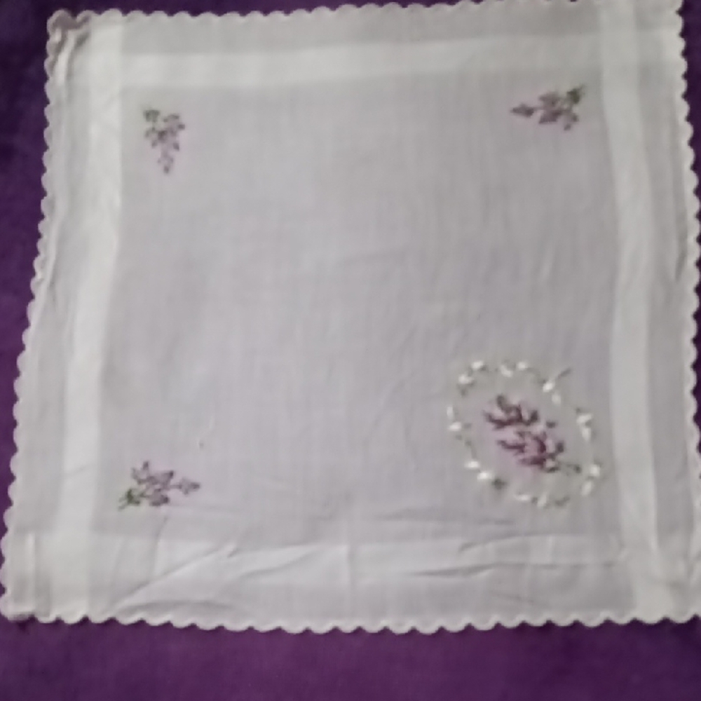 Embroidered White Handkerchief with Purple Floral Design
